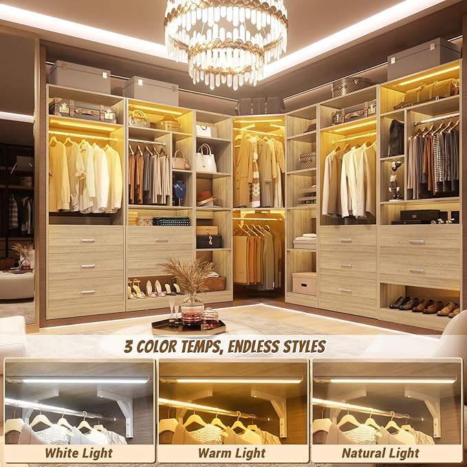 Corner Closet System with 2 Motion Sensor Lights, 39.2" Corner Closet Organizer with 12 Shelves, Closet System with 2 Hanging Rods, Versatile 6-Tier Walk-in Closet for Corner Space, White Oak