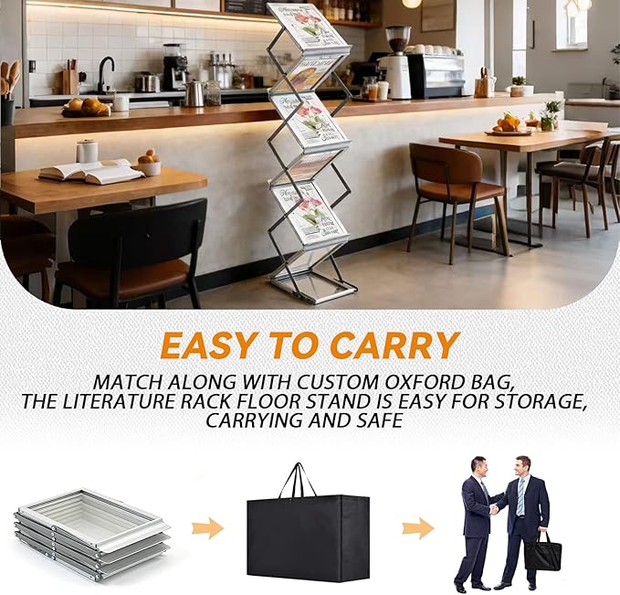 6 Pockets Aluminum Foldable Magazine Rack Floor, Brochure Magazine Display Stand, Brochure Holder, Literature Rack with Carrying Bag for Trade Shows, Exhibition, Office, Retail Store