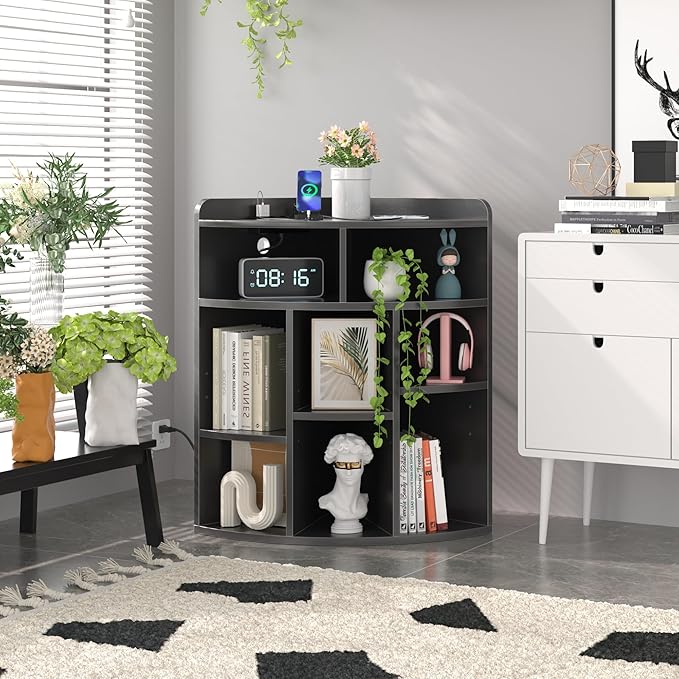 VECELO Corner Cube Shelf with USB Ports & Outlets, Modern Corner Toy Storage Rack with Adjustable Shlef, Wooden Display Bookshelf Bookcase for Living Room, Bedroom, Dining Room, Kitchen, Black