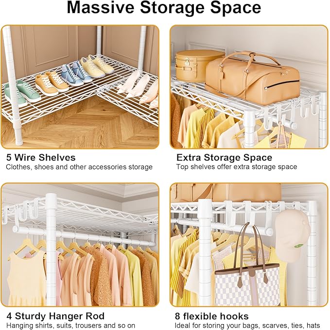 E15 Garment Rack L Shaped Clothes Rack for Corner，Freestanding Clothing Racks for Hanging Clothes，Heavy Duty Closet Organizer with 4 Hanging Rods & 8 S Hooks，43.4" W x 15.8" D x 78.4" H，White