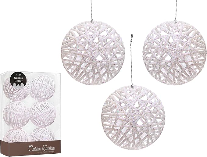 Christmas Traditions 4 inch Glittered Iridescnet White Rattan Ball Ornaments Hanging Tree Decorations (Set of 6) (Iridscent White), Large