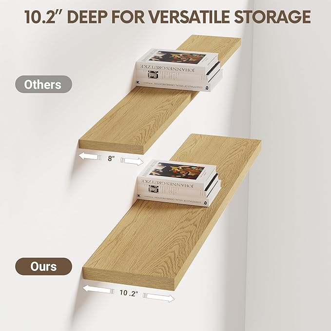 Vivelove 10" Deep Floating Shelves with Invisible Brackets, 36" Wall Shelves for Bathroom Bedroom Kitchen Living Room Laundry Room, Modern Rustic Shelves for Home Decor, 36"x10.2"x1.5", Set of 2, Oak