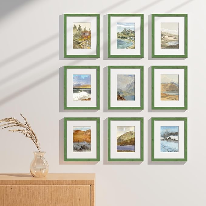 Vittanly 8x10 Picture Frames Set of 9, Shatter Resistant Plexiglass, Display 5x7 Pictures with Mat or 8x10 without Mat, Photo Frames for Wall or Tabletop, Engineered Wood, Rustic Green