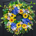 Pinkpuii Spring Wreaths for Front Door Outside- 24 Inch Spring Summer Wreath with Sunflowers,Lifelike Blue Hydrangea Flower Wreath for Indoor Outdoor Mantel,Window,Wall,Home Firplace Hanging Decor