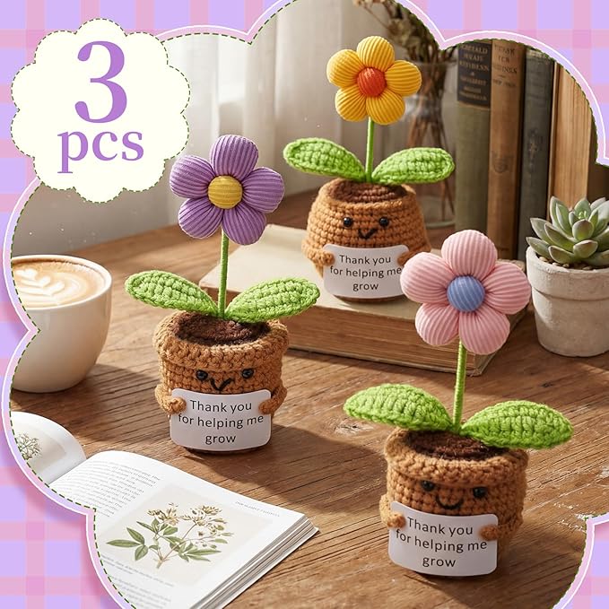 Wavwavw 3 Pack Teacher Appreciation Gift Positive Flower Handmade Crochet Doll Thank You for Helping Me Grow Gifts Back to School Gifts for Women Teacher(Cute Flower)
