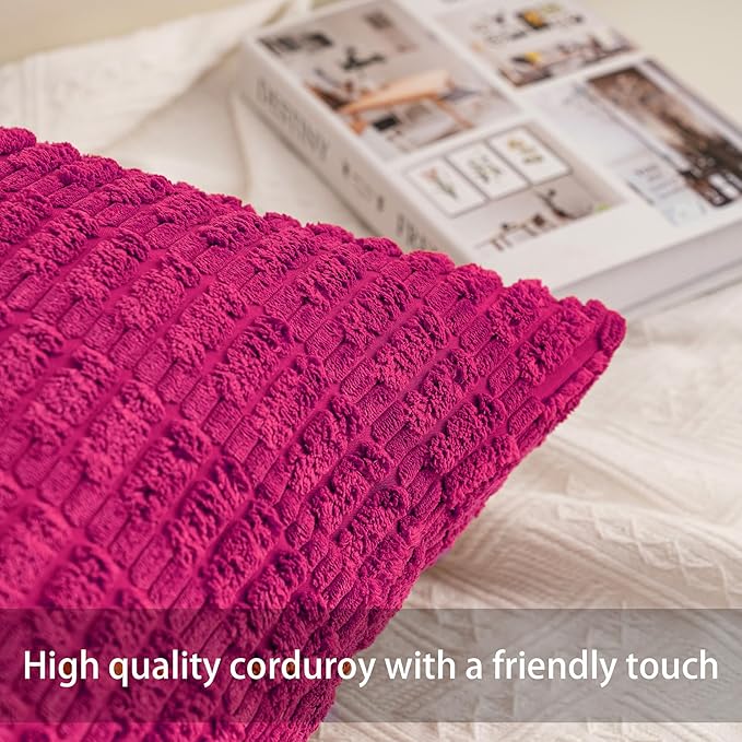 Aegero Pack of 2 Corduroy Decorative Throw Pillow Covers 22x22 Inch Soft Striped Pillow Covers Modern Farmhouse Home Decor for Sofa Living Room Couch Bed（Rose Red）