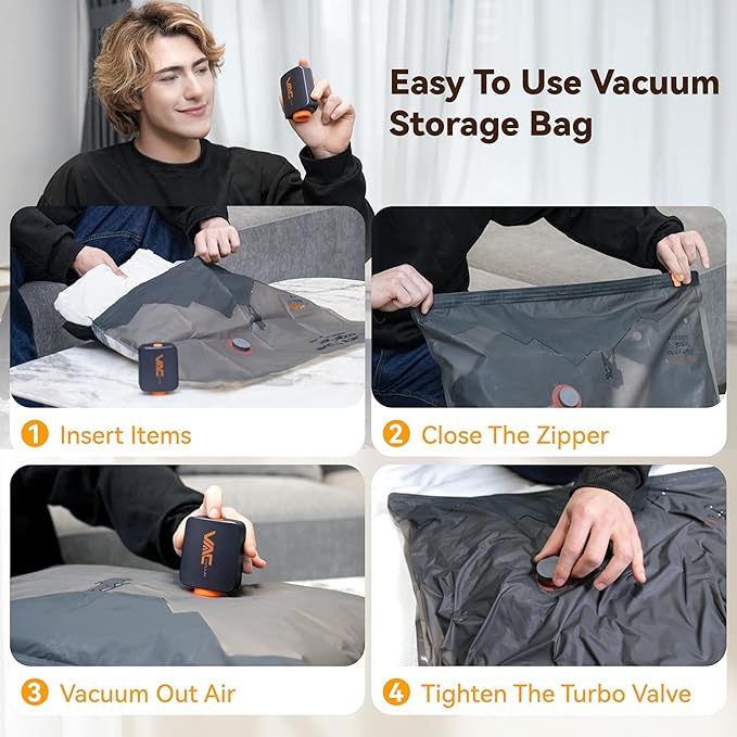Travel Vacuum Bags with Wireless Pump, 9 Pack Vacuum Storage Bags, vacuum for bags storage, Powerful -58KPa Suction for Luggage, vacuum luggage, Travel and Home Use for Clothes and Blankets