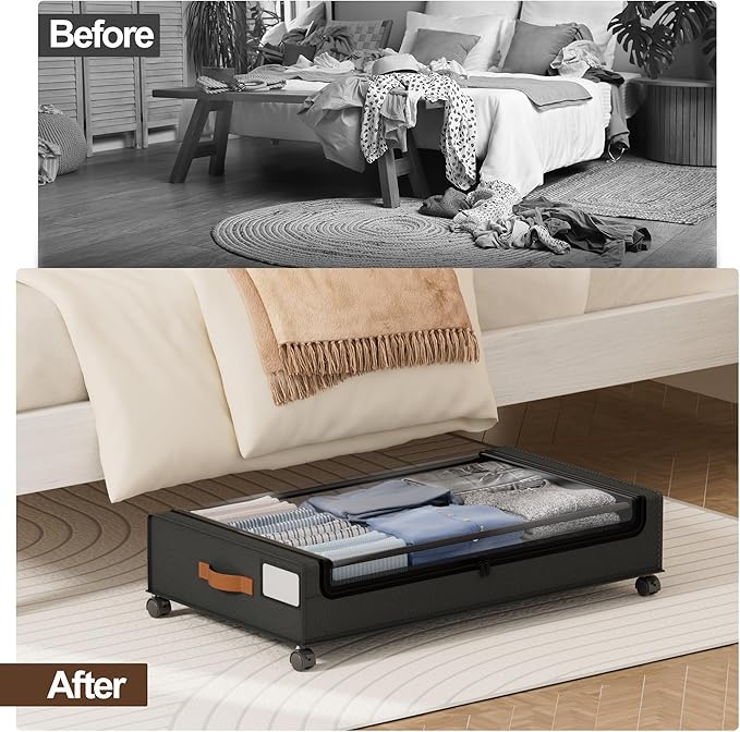 LAMU Under Bed Storage with Wheels, 4 Pack Under Bed Storage Containers with Clear Lid, XXL 60L Underbed Storage Bins, Rolling Under Bed Metal Drawers for Clothes, Blankets, Shoes, Black