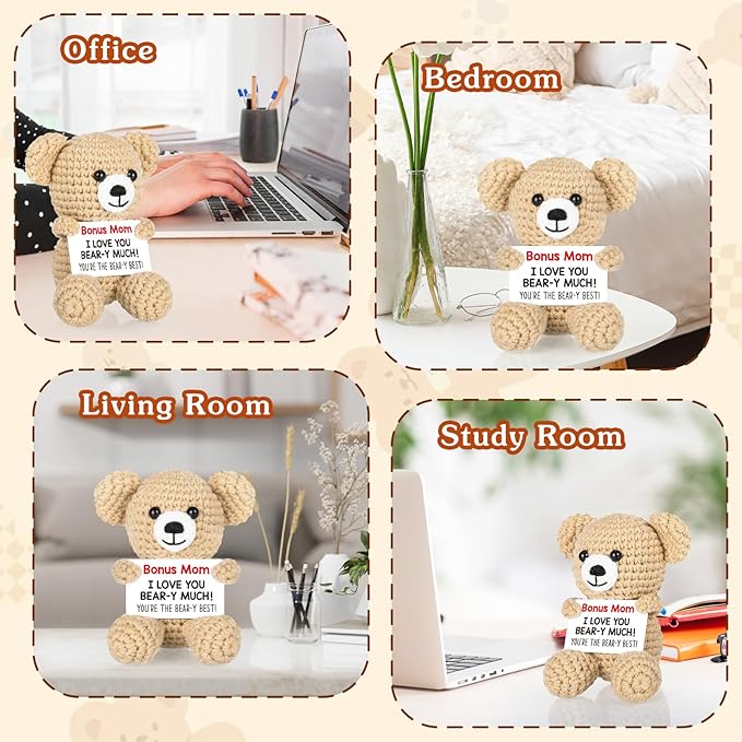 WELLBANEE Mother Gift Bonus Mom, Handmade Crochet Bear for Sentimental Mothers Day Birthday Present for Stepmom, Appreciation Keepsake for The Best Bonus Mom Ever, Small Desk or Shelf Décor Bear