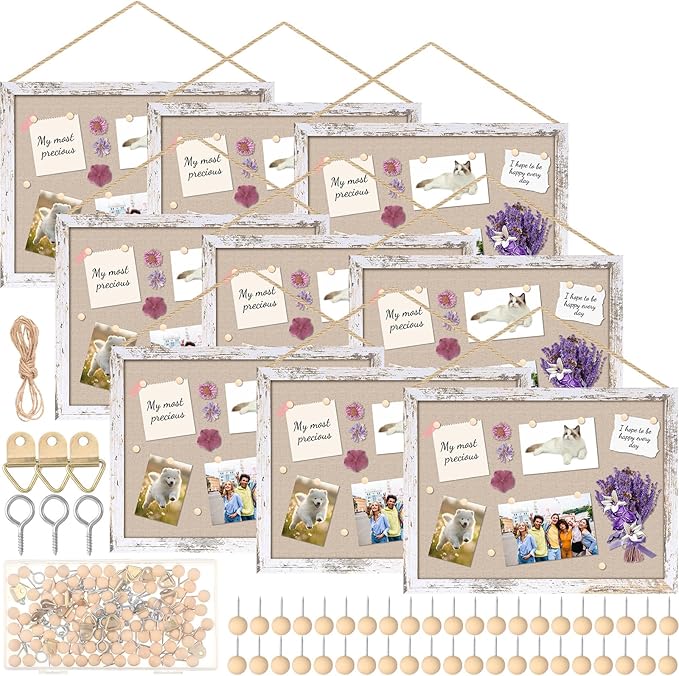 Teling 9 Pack Wood Bulletin Boards with Linen 12''x 16'' Cork Board for Walls with 90 Pushpin Decorative Wood Framed Display for School Office Home Decor (Netural White)
