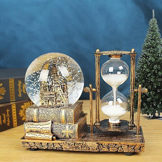 Snow Globe with Hourglass Timer Home Decorations for Living Room LED Music Crystal Ball Snow Globes Collectibles Bedroom Book Shelf TV Cabinet Desktop Decor Statue Figurine Table Centerpiece Ornament