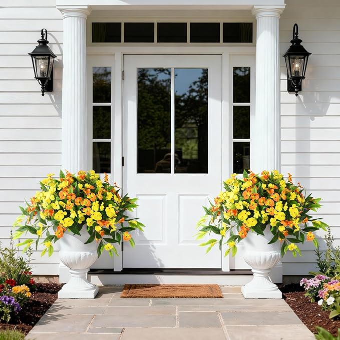 Artificial Flowers for Outdoor, 2 Bundles UV Resistant Fake Plants Decoration Realistic Faux Silk Flowers No Fade Plastic Flowers for Outside Planters Home Porch Patio Yard Garden Decor
