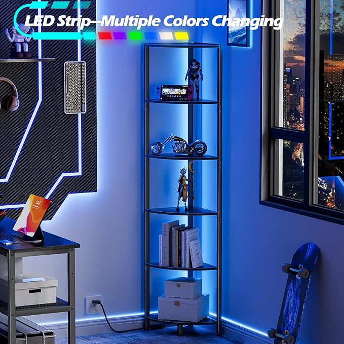 Furnulem 6 Tier Corner Shelf with LED Light, 67.5” Tall Standing Shelf Organizer, Black Narrow Bookshelf with Storage Rack for Wall Corner, Living Room, Bedroom, Metal Frame, Wood Display Shelf