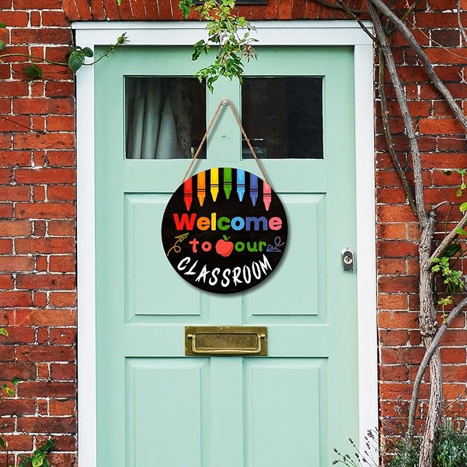 Welcome Sign for Classroom Door Decorations 12x12in Welcome to Our Classroom Sign Welcome Back to School Door Hanger Teacher Welcom Round Wood Hanging Signs for School Classroom Wall Board Supplies