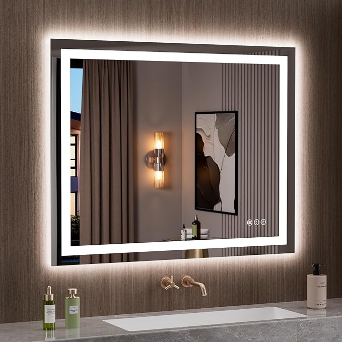LOAAO 39.4"x31.5" LED Mirror for Bathroom, Lighted Bathroom Mirror with Lights, Anti-Fog, Dimmable, Memory Function, Clear Reflection