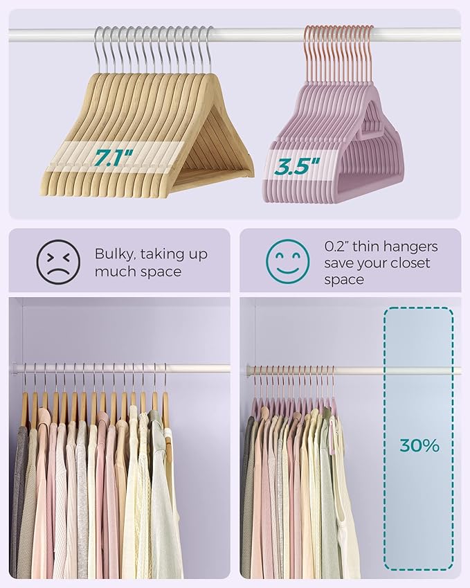 SONGMICS Velvet Hangers, Set of 50 Clothes Hanger with Rose Gold Swivel Hook, Non-Slip, and Space-Saving, 0.2-Inch Thick, 17.1-Inch Long for Coat, Shirt, Dress, Pants, Tie, Lavender Purple UCRF021GP50