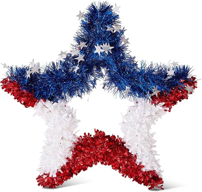 VeriNatural 4th of July Decorations - 19" Patriotic Red White and Blue Star Garland - Independence Day Tinsel Garland for Indoor Outdoor,Golf Cart, Party,Door and Wall Hanging Decor