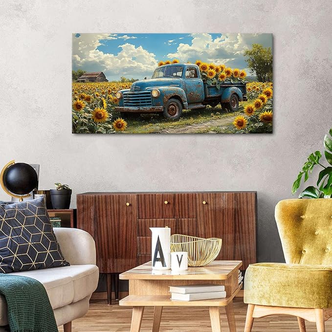 AIYISU Sunflower Wall Art Farmhouse Pictures Wall Decor Vintage Floral Prints Rustic Barn Truck Pictures Country Wildflower Canvas Painting Artwork for Bedroom Living Room Home Decoration 24x48