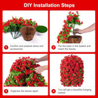 Artificial Faux Hanging Flowers Basket for Spring Summer Outdoor Outside Porch Decoration, Fake Silk Colorful Morning Glory Eucalyptus UV Resistant Look Real for Home Patio Balcony Yard(Red)