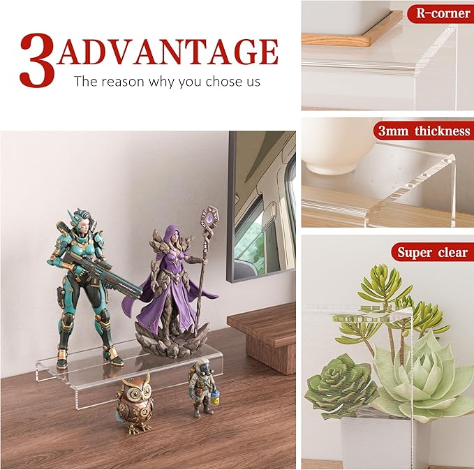 Sezanrpt Acrylic Shelf Riser 8x3.9x1 pack of 2, Countertop Acrylic Display Storage Organizer for Figure, Cosmetics, Bags, Shoes, Toys, Collectibles, 8x3.9x1 Inch