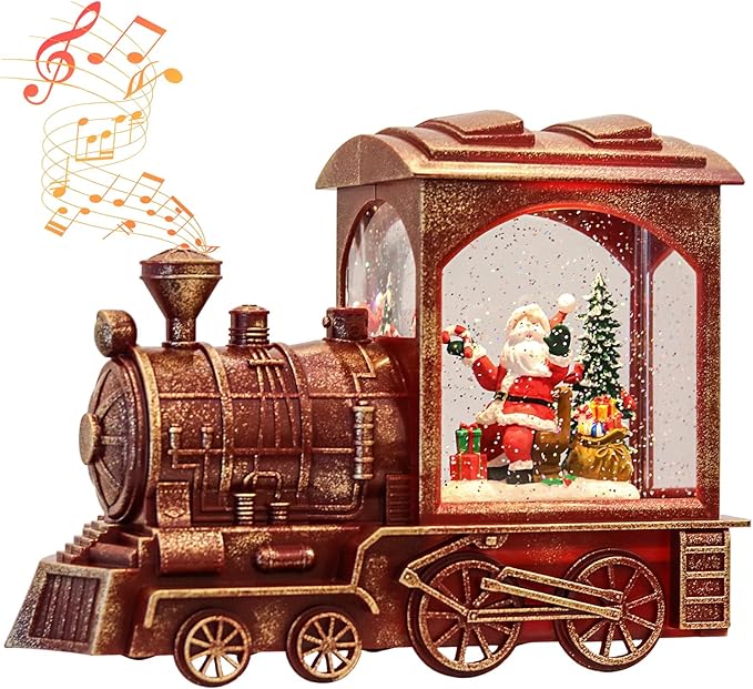 Musical Christmas Snow Globe Lantern Battery Operated with 6 Hour Timer Spinning Water Red Train Singing Lighted Snow Globe Lamp Holiday Decoration Gift(Santa, 10.6 x 4.3 x 8.3 Inches)