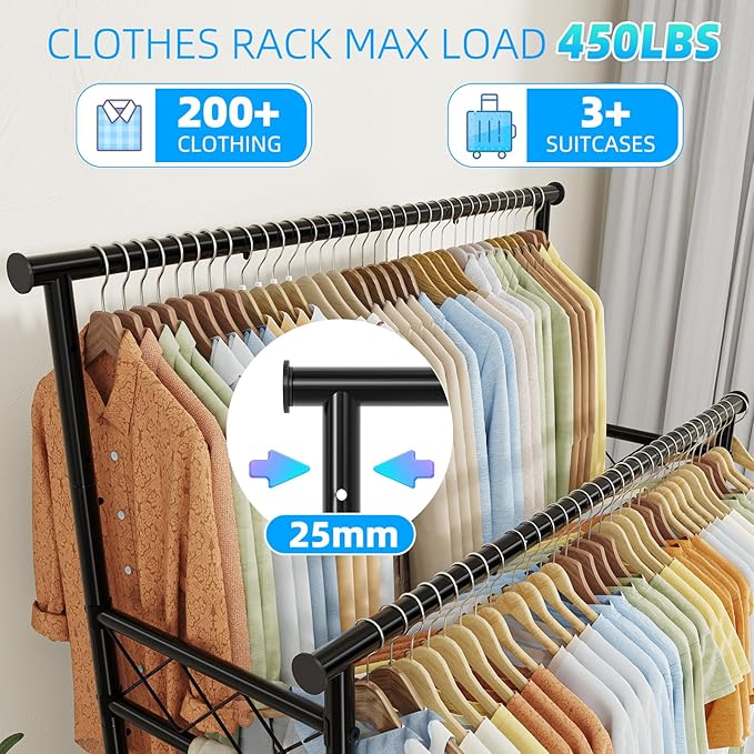 Heavy Duty Clothes Rack, Rolling Clothing Rack With Shelves Load 450 LBS, Double Rod Clothing Racks with Wheels for Hanging Clothes, Black