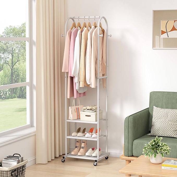 Heavy Duty Clothing Rack with Wheels,Modern Garment Rack with 3 Metal Shelves, 71.8Inches Display Rack for Hanging Clothes, Hanging Rod for Small Spaces,White