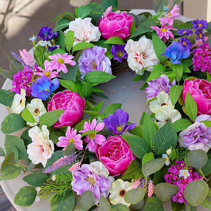 Spring Wreaths for Front Door Outside 24 Inch Spring Door Wreath with Pink Peony,Rose and Blue Hydrangeas, Handmade Silk Summer Wreaths for Front Door Home Wall Window Proch Seasonal Decor