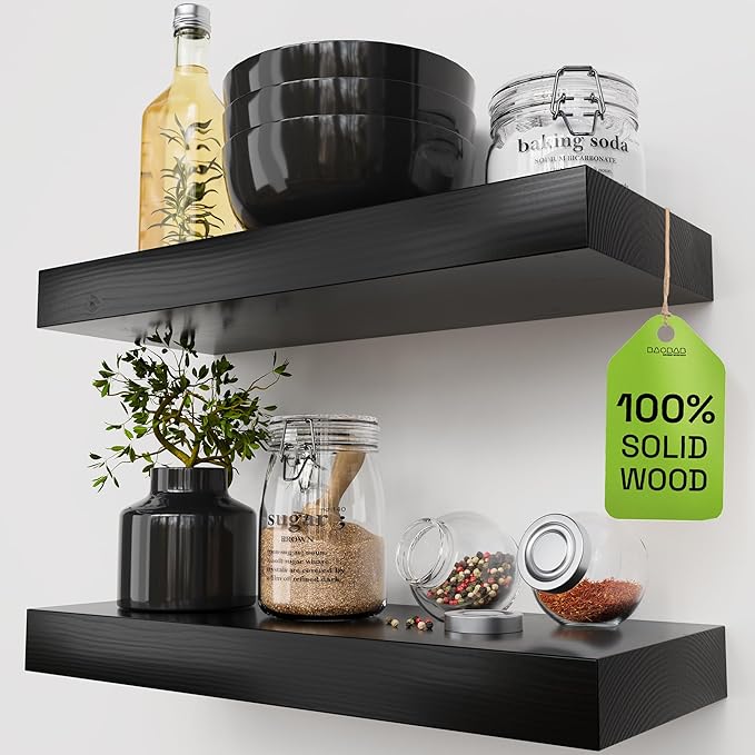 BAOBAB WORKSHOP Wood Floating Shelves for Bathroom Wall - Black Shelf 16 inch - Solid Wood Shelves for Wall for Bedroom Kitchen Living Room - Black Floating Shelves - 16 x 6.7 Inch, Set of 2