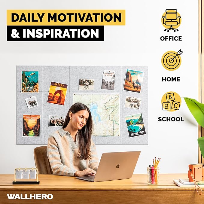 WALLHERO Cork Boards for Walls, Bulletin Boards 59"x36" | 15 Pack | Felt Bulletin Board, Large Cork Board for Office, Wall Protector for Dart Board, Corks Boards, Felt Board Tiles (Gray Marble)