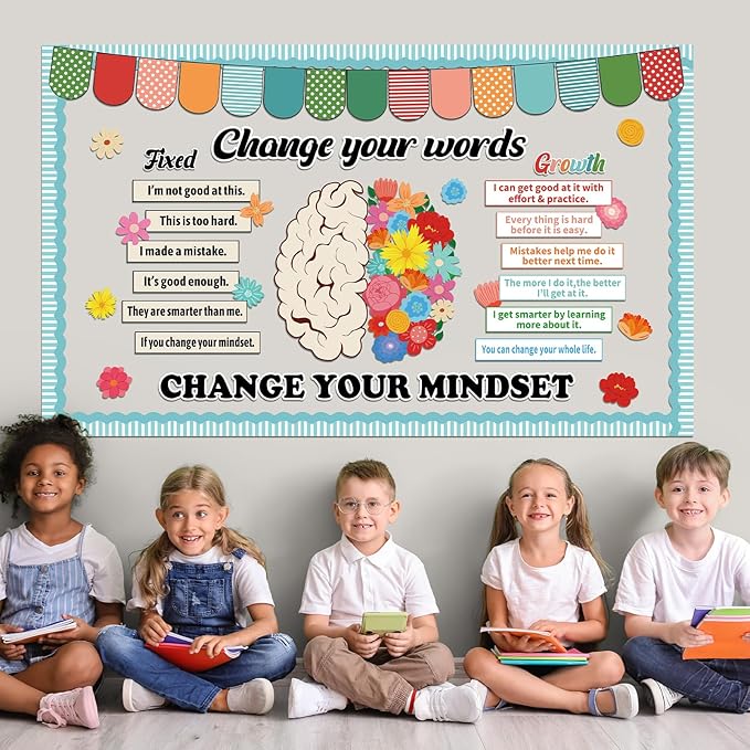 Growth Mindset Bulletin Board Classroom Decoration Flower Themed Change Your Mindset Bulletin Board Set Daisy Brain Cutouts Spring Positive Sayings Posters Decor for Back to School Teacher
