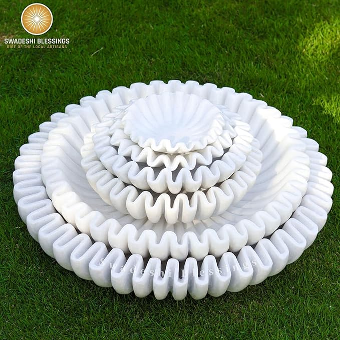 SWADESHI BLESSINGS HandCrafted Marble Ruffle Bowl/Antique Scallop Bowl/Fruit Bowl/Vintage Ring Dish/Decorative Flower Dish/HouseWarming Gift/Wedding Gifts/Urli (9 Inches)