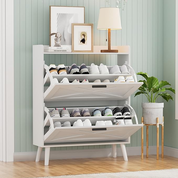 32" W Farmhouse Shoe Storage Cabinet with 2 Flip Drawers and Barn Door Design, Adjustable Shelves, Modern Hidden Slim Narrow Shoe Rack Cabinet for Entryway, Foyer, Hallway, Living Room, White