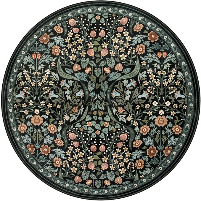 Moynesa Floral Round Area Rugs 6ft, Washable Boho Round Living Room Rug, Non Slip Soft Large Circle Rugs for Dining Room, Botanical Ultra Thin Floor Carpet for Bedroom Kitchen, Black