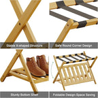 Full Assembled Luggage Rack Set of 2, Bamboo Luggage Holder Rack for Guest Room, 26.77" L Folding Suitcase Stand with 5 Nylon Straps & Storage Shelf for Bedroom Hotel (2 Pack - Natural)