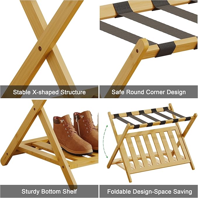 Full Assembled Luggage Rack Set of 2, Bamboo Luggage Holder Rack for Guest Room, 26.77" L Folding Suitcase Stand with 5 Nylon Straps & Storage Shelf for Bedroom Hotel (2 Pack - Natural)