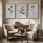 Framed Boho Floral Wall Art for Living Room, 3 Piece Blue Minimalist Botanical Canvas Painting Prints, Modern Rustic Watercolor Flower Plants Artwork for Bedroom Dining Room Office Wall decor, 24x36