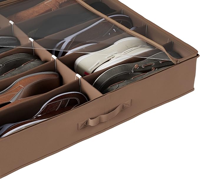Under Bed Storage Shoe Organizer Bag with Clear Plastic Zippered Cover, Stores 12 Pairs of Shoes by Everyday Home (Brown)