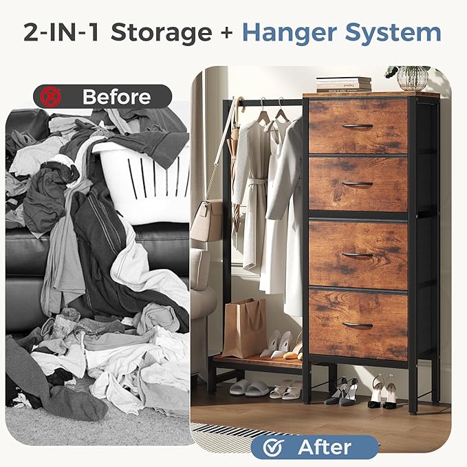 OLIXIS 4 in 1 Storage with Hanging Rack, Clothes Rack Shoes Rack, Bag Hook, Tall Storage Tower, Sturdy Frame for Bedroom Entryway Living Room Brown