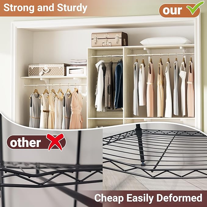 8FT Hanging Closet System, 96 Inch Closet Organizer System with Hanging Rod, Walk In Mounted Closet System, Built-In Clothes Garment Rack with 3 Shelving Towers(Can Be Cut To Fit), Oak