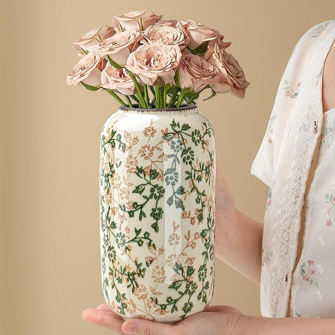 Ceramic Vase for Flowers – Modern Small Ribbed Textured Flower Vase for Home Decor, Pampas Grass, Decorative, Farmhouse, Coffee Table, Kitchen Centerpieces, Bookshelf and Home Living (Ice Crack Beige)
