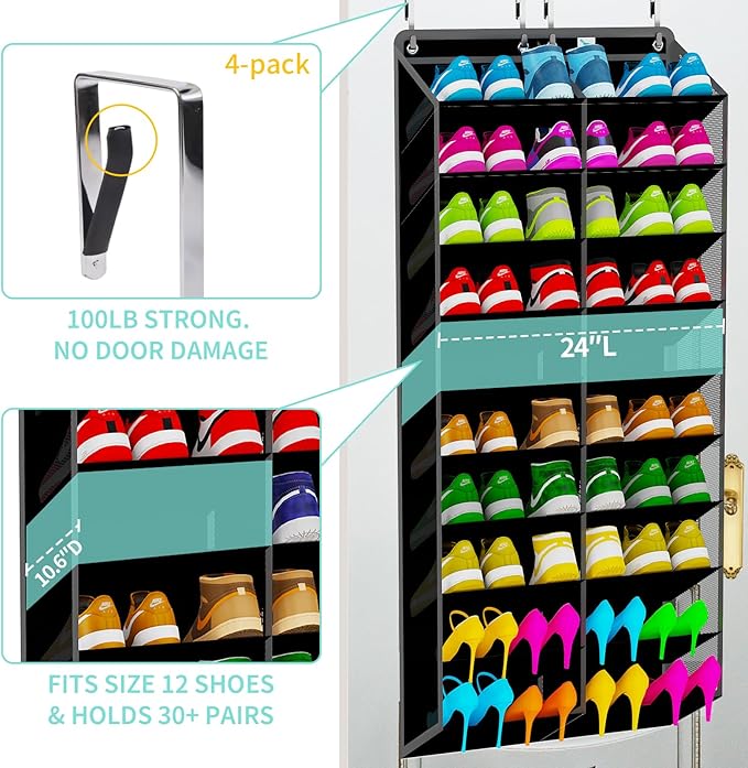 Heavy-Duty, over the door shoe organizer, Extra-Wide Large, shoe organizer, Holds 30 Pairs & Supports 100lbs, shoe rack, with Reinforced Grommets & Bamboo Rods, Fits Men's Size 12 & Boots, Black