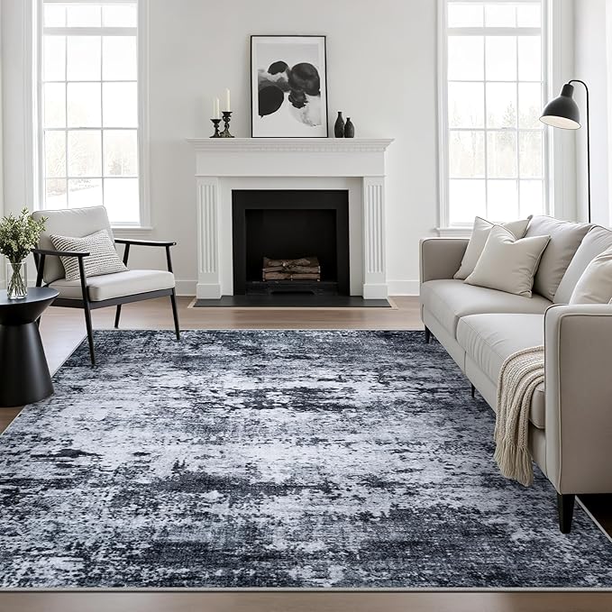 4x4 Area Rug Living Room Rug: Washable Modern Abstract Soft Thin Rug Indoor Floor No Slip Stain Resistant Carpet for Bedroom Dining Room Farmhouse Nursery Home Office - Black
