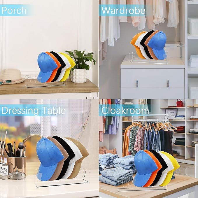 4 Pack Hat Storage Organizer for Baseball Caps - Acrylic Hat Display Rack for 28 Ball Caps, No Install Hats Stand Shelf for Trucker and Golf Cap, Hats Holder for Closet, Bedroom (Clear)