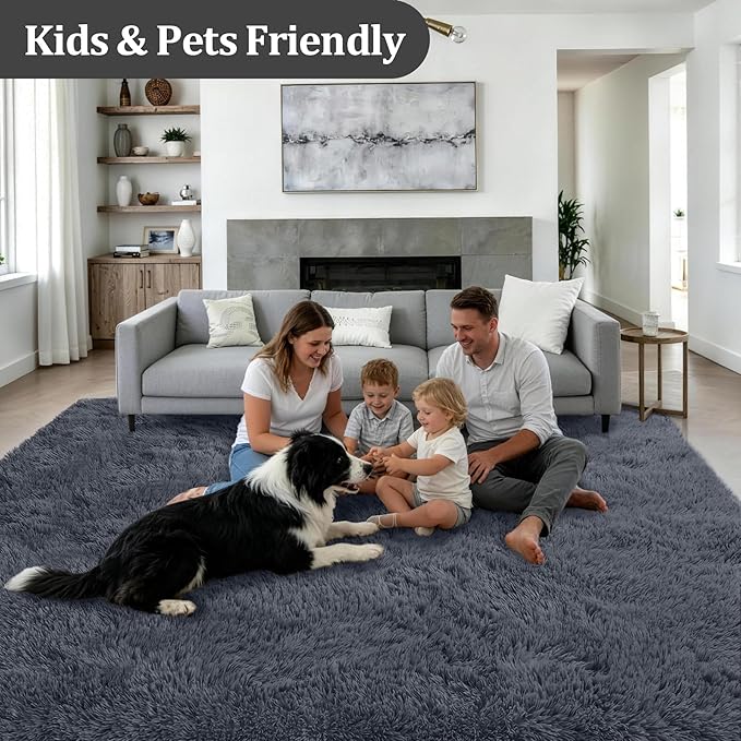 Fluffy Area Rugs 9x12 Living Room Bedroom: Ultra Soft Shag Rug Upgrade Non-Slip Non-Shedding Large Fuzzy Plush Carpet Indoor Floor Carpets for Kids Room Playroom Nursery Dorms Home Decor Grey
