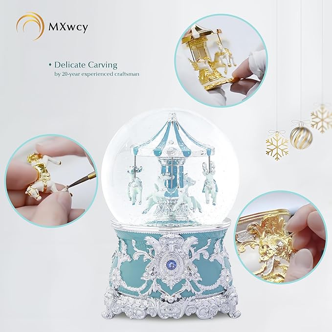 Carousel Music Box Moose Silver & Turquoise Christmas Snow Globes, 7.1" Rotate Carousel Snow Globe for Kids & Adults, Classic Wind up Musical Snow Globe Valentines Day Gifts for Women Girls Home Decor