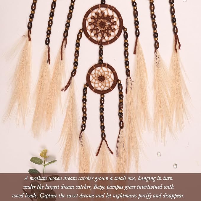 Pretty Jolly Pampas Grass Dream Catchers Wall Decor with Handmade Large Red Native Americans Witch Dreamcatcher with Wood Beads for Adults Bedroom Wedding Garden Bless Birthday Gift-5 Rings