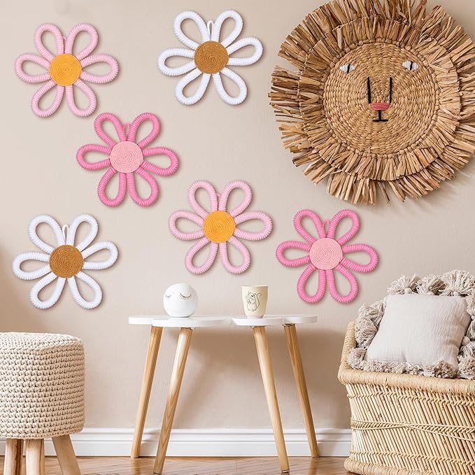 Zeyune 6 Pcs Boho Nursery Daisy Flower Wall Art Decor Woven Macrame Wall Pediments Boho Daisy Floral Nursery Art Decor for Home Bedroom Decorations(Cute,Yarn and Cotton Rope)