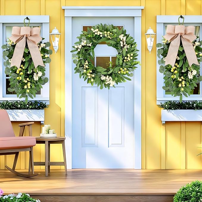 3 PCS Artificial Green Eucalyptus Wreaths for Front Door Spring Summer Greenery Teardrop Swag with Eucalyptus Leaves Olives Mixed Berry for Indoor Outdoor Farmhouse Home Wall Festival Wedding Decor