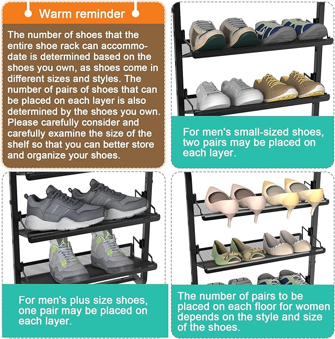 bukfen Over The Door Shoe Organizer,6-Tier Adjustable Door-Mounted/Wall-Mounted Shoe Rack,Heavy-Duty Metal Storage for Closet Door,Black,1 Pack